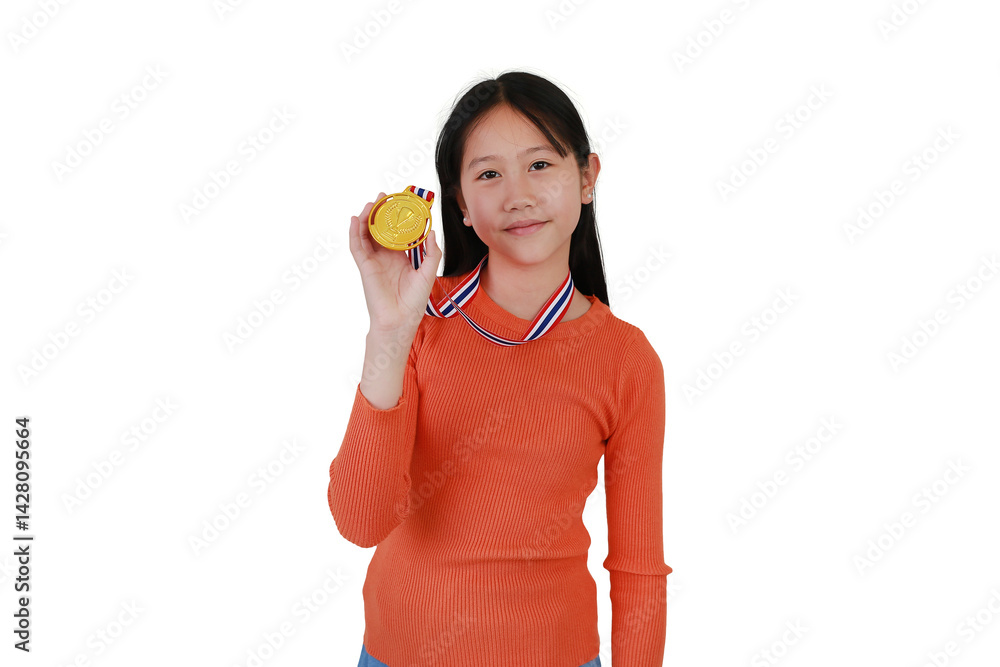 Portrait of happy Asian girl child showing gold medal on white studio background. Kid celebrating victory gesture concept.