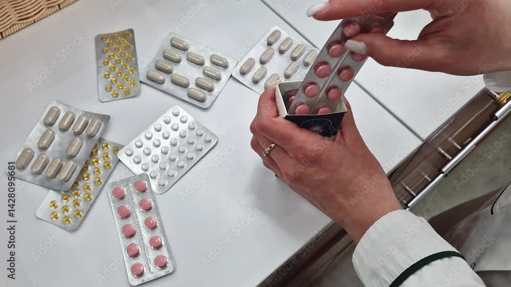Closeup female pharmacist hands sorting blister packs of pills into a box. Diverse drugs on the table, various colors capsules and tablets. Organization and healthcare professionalism concept