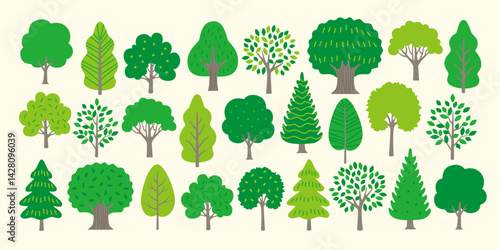 Set of illustrations of various types of trees