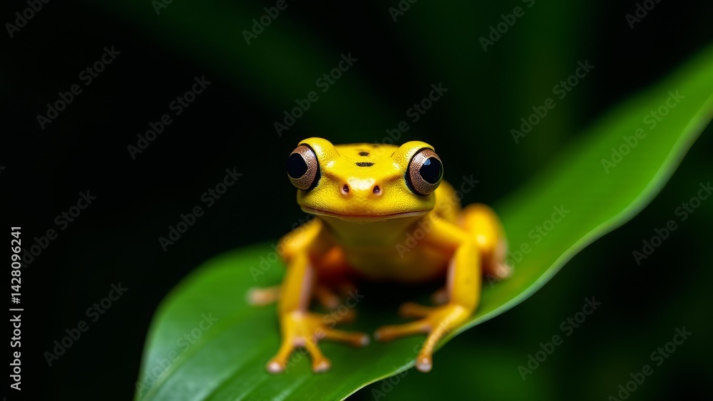 Naklejka premium Yellow Frog On A Leaf, Close-Up