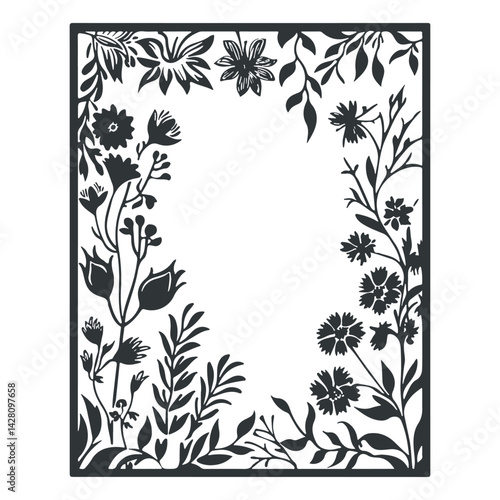 Vector linocut floral frame poster template. Modern trendy minimal style. Black and white colors. Botanical blockprint. Hand drawn design for wallpaper, wall decor, print, postcard, cover, template.