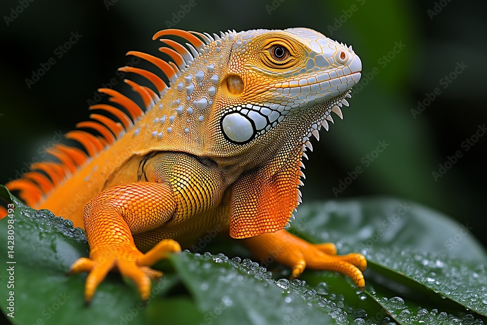 Fototapeta premium Orange Iguana Portrait on Green Leaf with Water Droplets