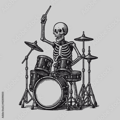 skeleton playing drums style engraving hand drawn vector