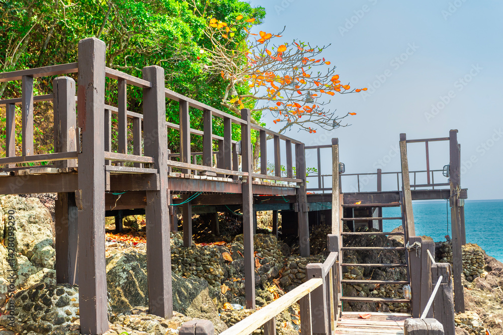 Wooden walkways along the coast of Thailand Koh Chang Island