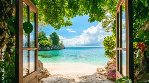Wallpaper Mural Peaceful island beach through window opening, perfect travel dream shot Torontodigital.ca
