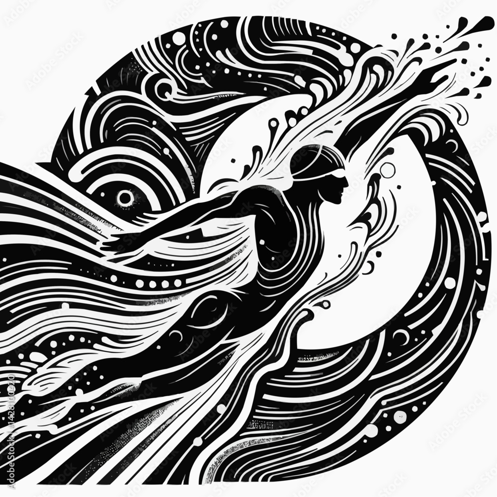 Fototapeta premium Abstract swimming art featuring a swimmer in motion with flowing waves and dynamic lines