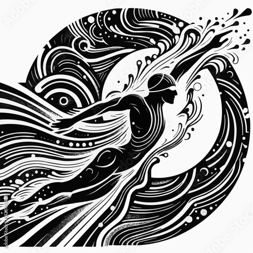 Abstract swimming art featuring a swimmer in motion with flowing waves and dynamic lines