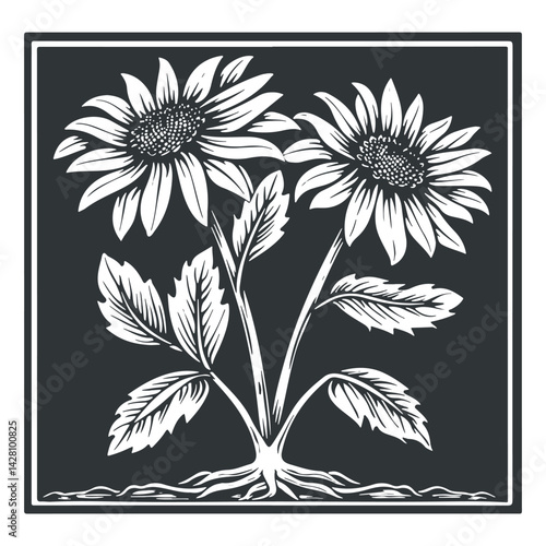 Vector linocut floral poster template. Modern trendy minimal style sunflower. Black and white colors. Botanical blockprint. Folk art design for wallpaper, wall decor, print, postcard, cover, template.