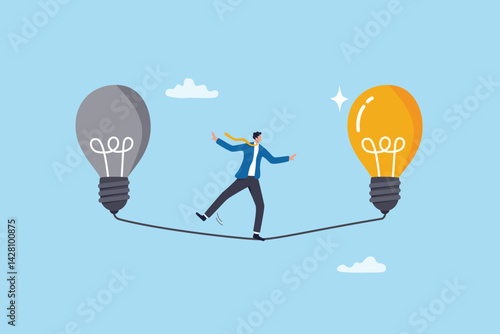 Change or leadership transition, progress to new idea, business direction or discover opportunity, solution to solve problem, challenge concept, businessman walk from old to bright lightbulb idea.