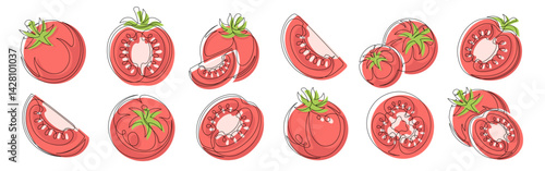 Tomato red continuous one line drawing icon set. Editable stroke. Outline tomato vegetable collections isolated on a white background. Vector illustration
