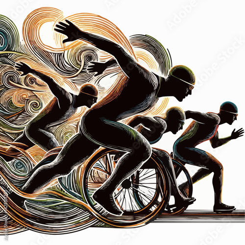 Abstract vector art of disabled athletes in motion showcasing running and cycling with vibrant colors
