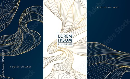 Vector set of gold wave background design, abstract luxury line art templates. Wine premium art deco package, chocolate, menu patterns, fancy vip graphic