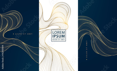 Vector set of gold wave background design, abstract luxury line art templates. Wine premium art deco package, chocolate, menu patterns, fancy vip graphic