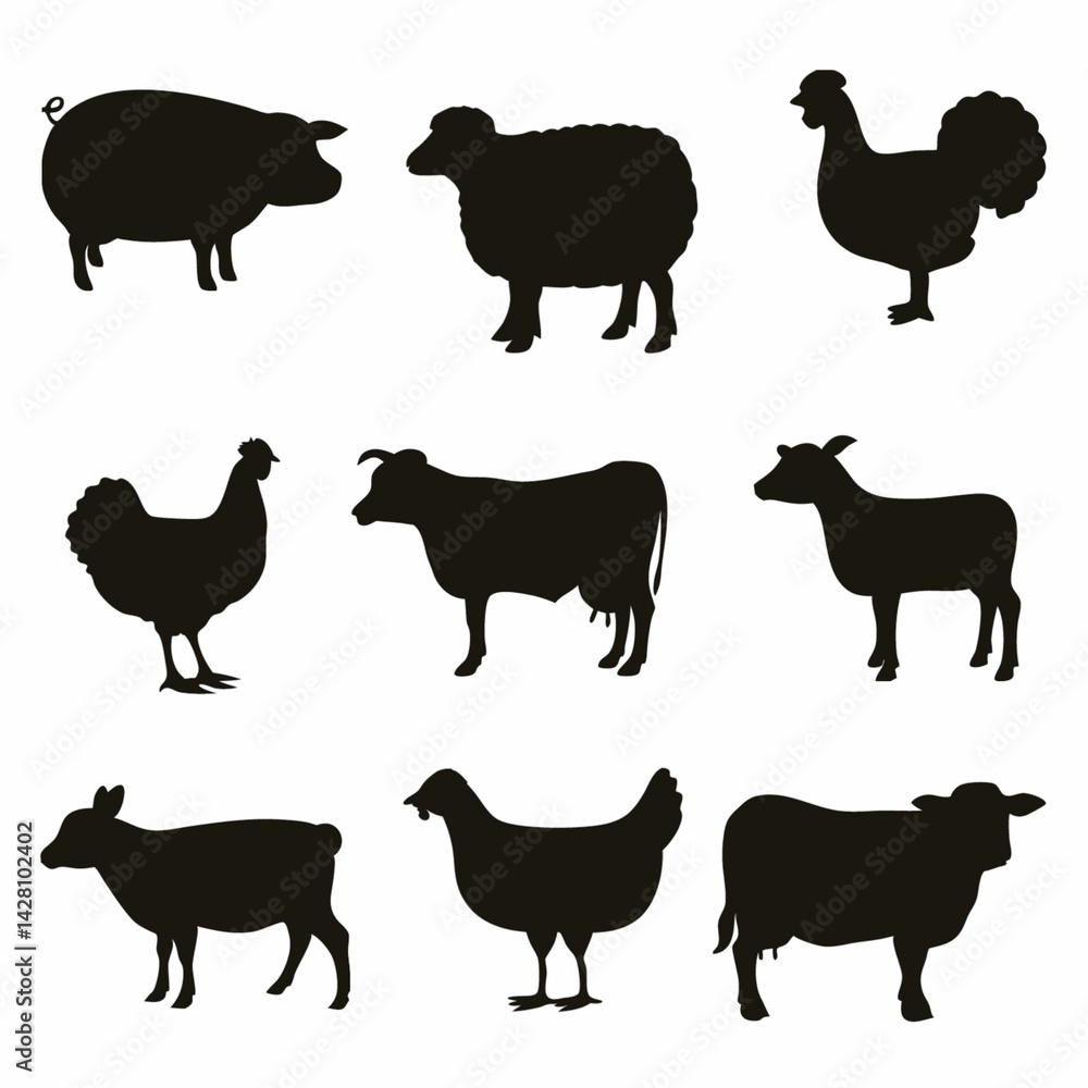 farm animals collection vector, farm animals collection, set of farm animals silhouette farm animals collection vector, farm animals collection, set of farm animals silhouette