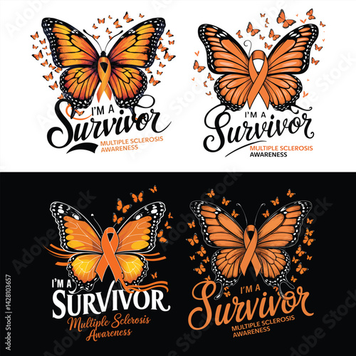 Multiple Sclerosis Awareness T-Shirt - Orange Butterfly Survivor Desi