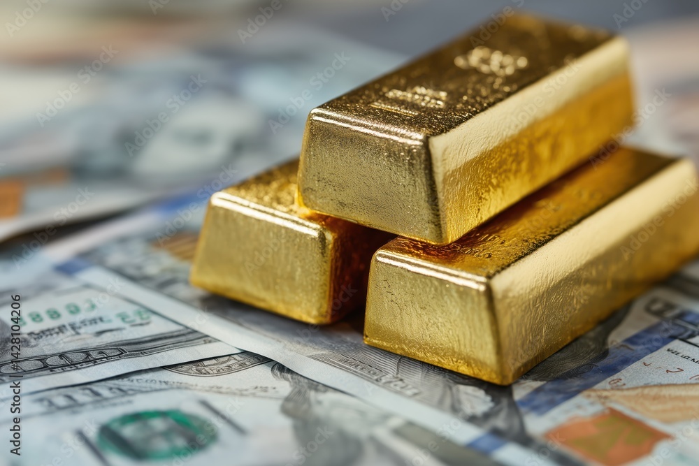 Three Gold Bars Resting on US Dollar Bills Three Gold Bars Resting on US Dollar Bills