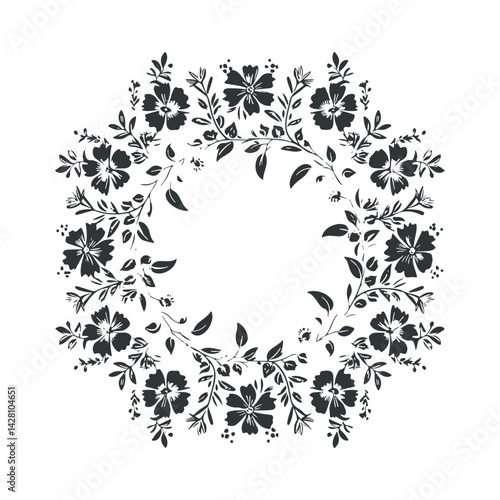 Vector linocut floral frame poster template. Modern trendy minimal style. Black and white colors. Botanical blockprint. Hand drawn design for wallpaper, wall decor, print, postcard, cover, template.