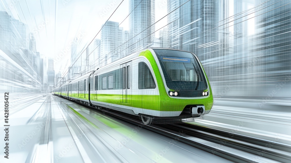 Fototapeta premium Modern Green Train in Urban Environment with Blurred Background Depicting Speed and Technology
