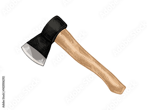 Hand drawn vintage colored sketch of forest axe with wooden handle, realistic camping and lumberjack tool