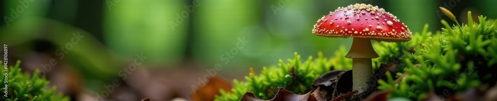 Fototapeta premium Forest floor detail with red amanita mushroom, nature, forest floor, mushroom