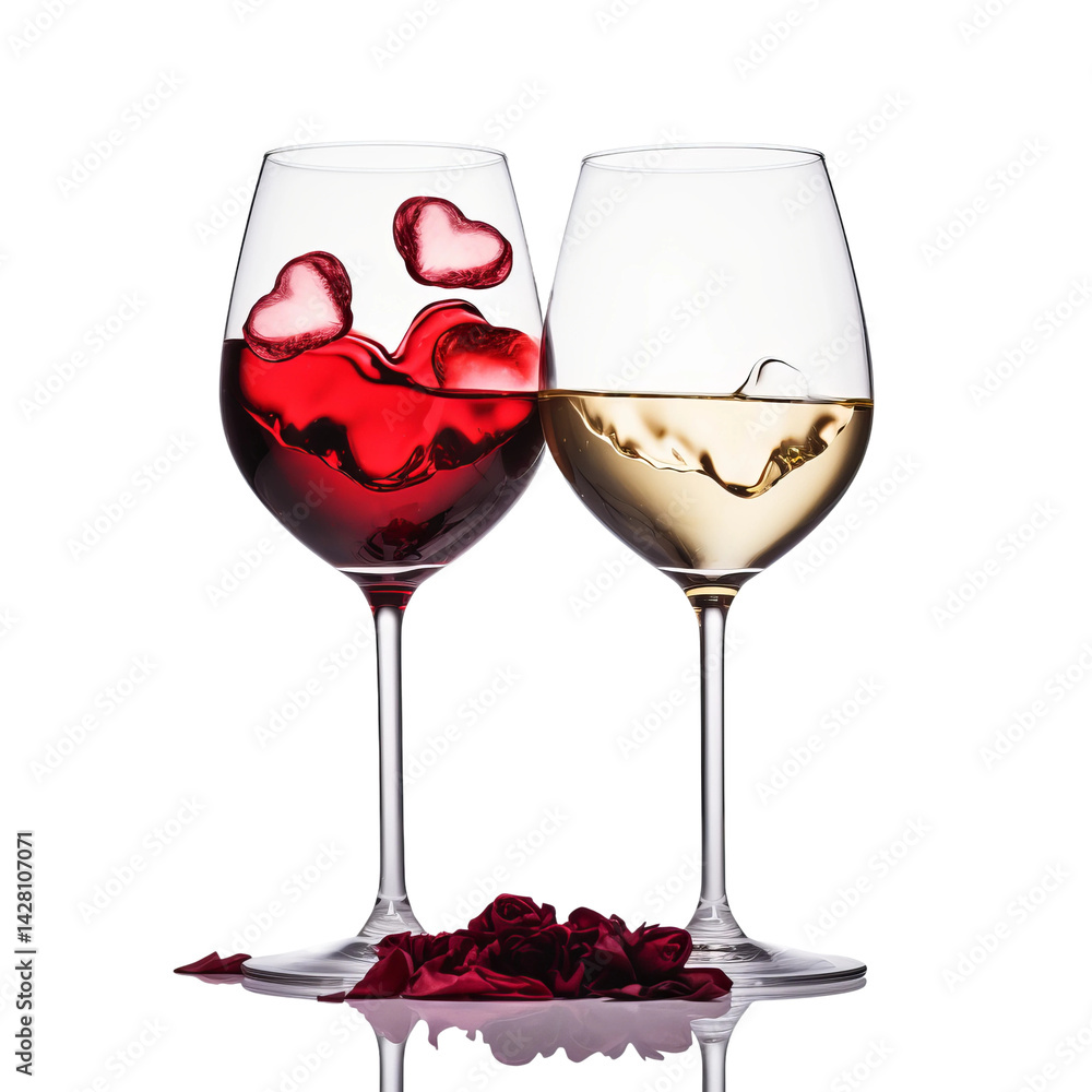 A romantic display of wine glasses, one filled with red wine and heart-shaped ice, alongside a glass of white wine. Rose petals at the base add a touch of love. A romantic display of wine glasses, one filled with red wine and heart-shaped ice, alongside a glass of white wine. Rose petals at the base add a touch of love.