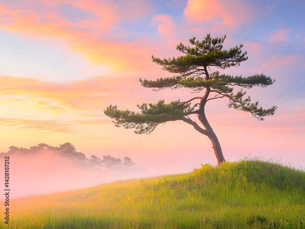 Fototapeta premium Serene Sunrise Landscape with Lone Pine Tree