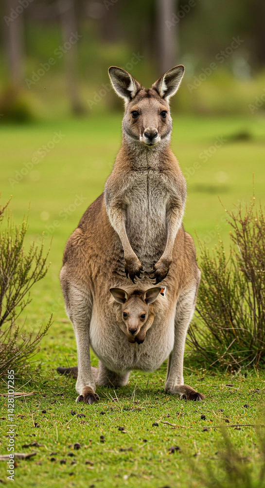 Fototapeta premium Kangaroo Standing with Joey in Pouch on Green Grass