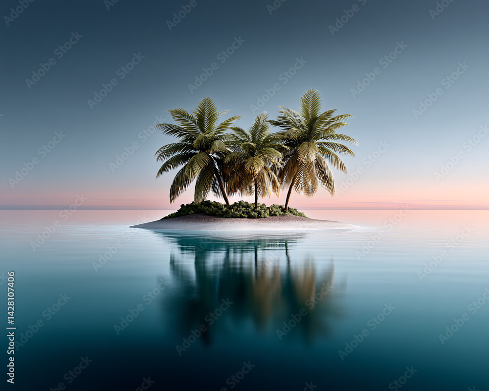 A dreamy aerial shot of an isolated tropical island, emerald palms densely packed, crystal-clear turquoise ocean, sun setting on the horizon, editorial travel style A dreamy aerial shot of an isolated tropical island, emerald palms densely packed, crystal-clear turquoise ocean, sun setting on the horizon, editorial travel style