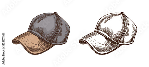 Hand drawn vintage colored and black sketch of baseball cap with visor in engraving style, isolated vector illustration