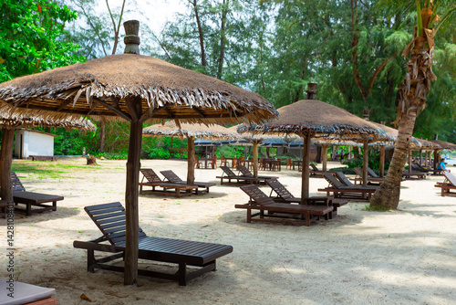 beach umbrellas and deck chairs