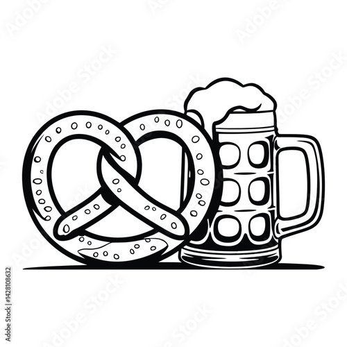 Bavarian pretzel and beer stein Silhouette, Vector, Icon, Logo, White Background.