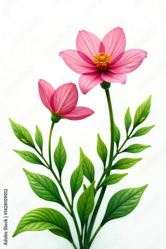 Fototapeta premium Green leaves and flowers isolated on white background, bloom, petals