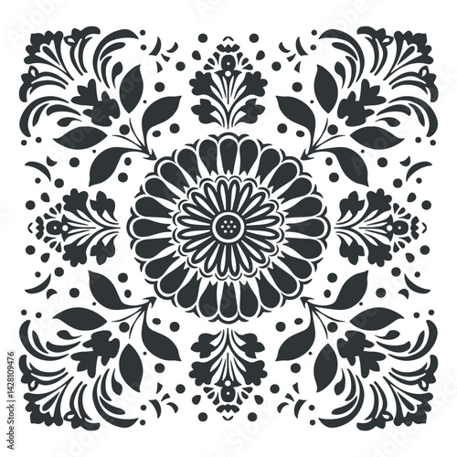 Vector abstract linocut floral poster template. Modern trendy minimal style. Black and white colors. Botanical blockprint. Pattern design for wallpaper, wall decor, print, postcard, cover, template.