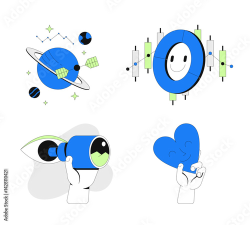 Exploration, insight and sentiment 2D onboarding ui illustrations set. Astronomy satellite, positive chart, sharing love cartoon concepts isolated on white. Flat abstract vector metaphor collection