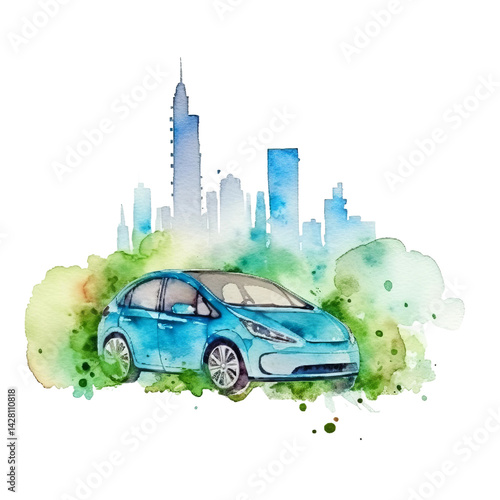 An electric vehicle merges seamlessly with its city backdrop, symbolizing the convergence of eco-conscious transport and urban living. Illustrative watercolour art presents a future-forward vision.