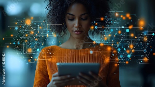 Person Using Tablet with Glowing Digital Network Overlay