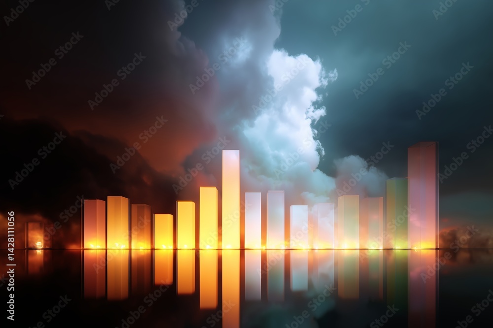 Fototapeta premium Light reflections create an enchanting landscape with dark clouds and shining towers at twilight