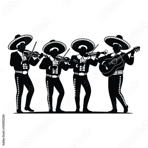 Mexican Mariachi band Silhouette, Vector, Icon, Logo, White Background.