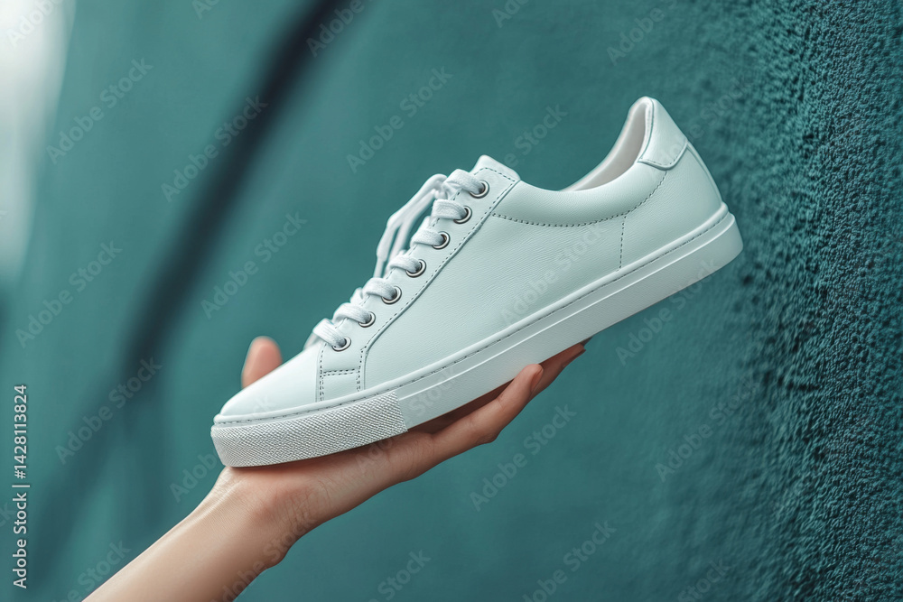 Close up of hand holding trendy sneaker in front of gray wall. Minimalistic fashion concept with classic shoe in urban background