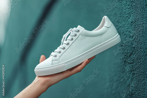Obraz na płótnie Close up of hand holding trendy sneaker in front of gray wall. Minimalistic fashion concept with classic shoe in urban background w salonie