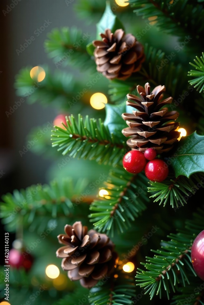 Pinecones and holly berries on a decorated Christmas tree, branch, tree Pinecones and holly berries on a decorated Christmas tree, branch, tree