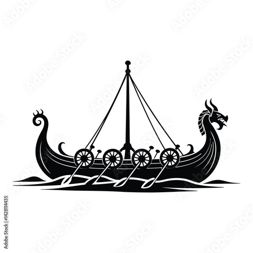 Viking longship sailing Silhouette, Vector, Icon, Logo, White Background.