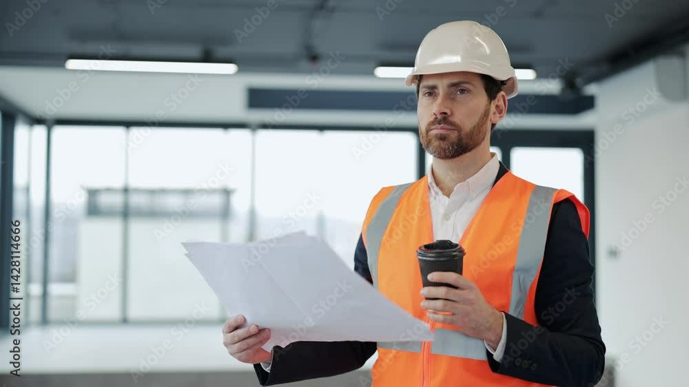 Successful architect reviews blueprints and drinks coffee in office. Professional businessman in formal wear and hardhat stands in an empty space. He feels thoughtful and confident.