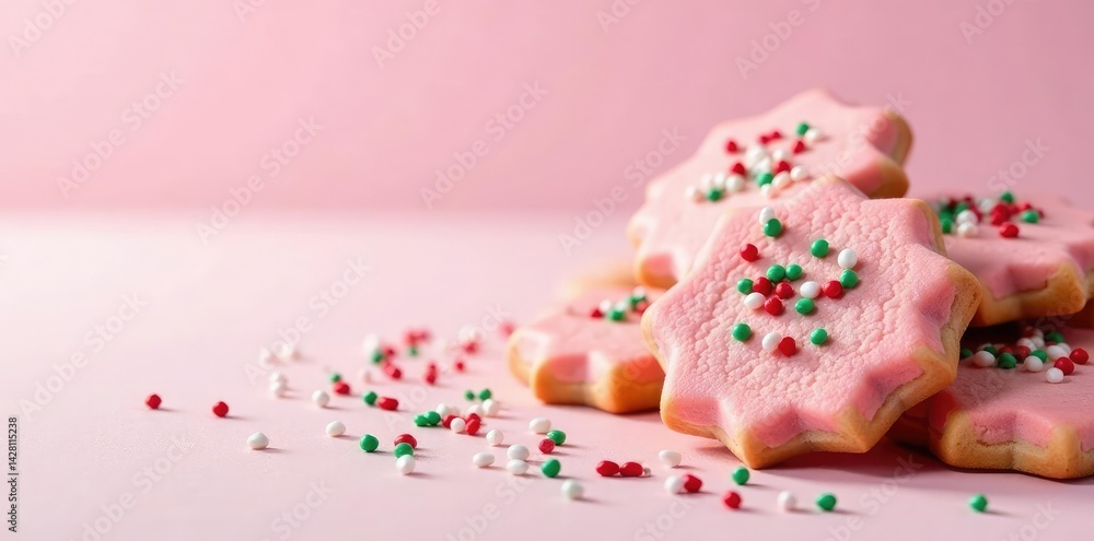 Pink Christmas cookies with red and green sprinkles on a white pink background, holiday desserts, colorful cookies, baking supplies Pink Christmas cookies with red and green sprinkles on a white pink background, holiday desserts, colorful cookies, baking supplies