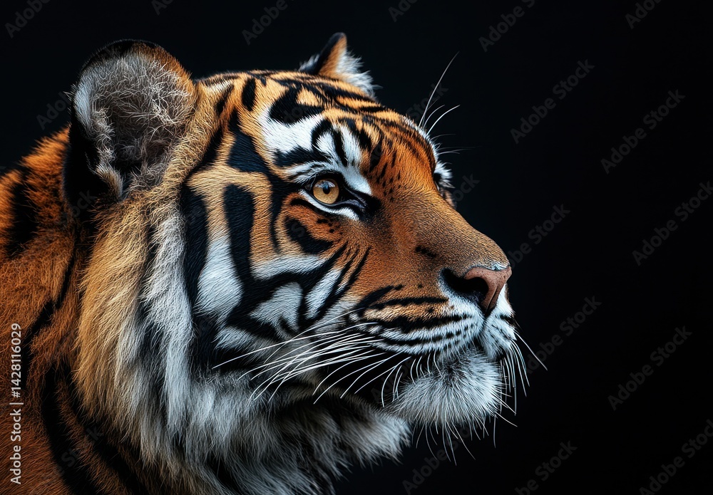 Obraz premium Majestic Profile of a Tiger Displaying Striking Features and Vivid Patterns Against a Dark Background
