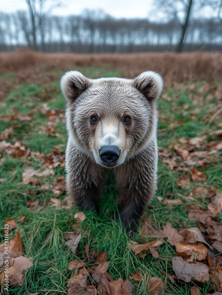 Fototapeta premium Cute Brown Bear Cub Standing in the Woods Looking at Camera