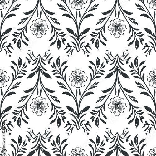 Vector seamless pattern linocut floral. Modern trendy minimal style. Black and white colors. Botanical blockprint. Hand drawn design for wallpaper, wall decor, print, postcard, cover, template.