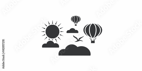 Black and white graphic illustration of hot air balloons and a sunny sky