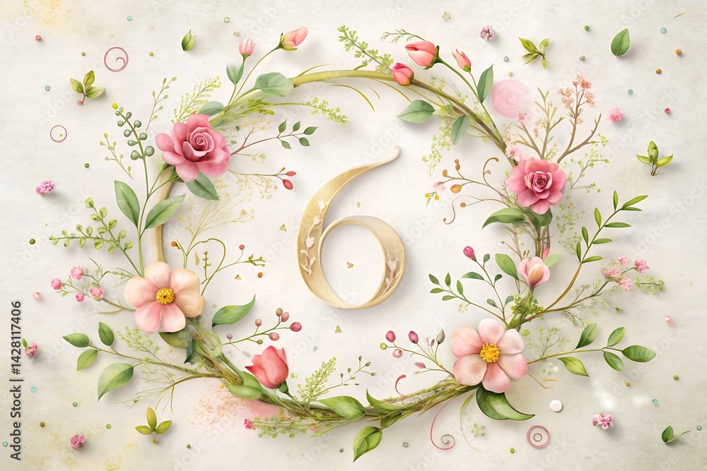 Romantic Floral Number 6 Illustration with Zodiac Vines and Confetti on Soft White Background