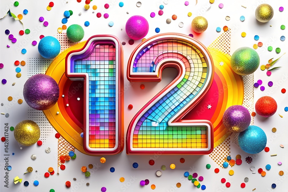 Retro Funky Number 12 Design – Bold Disco Colors, Zodiac Symbols, 70s Style with Rainbow Confetti